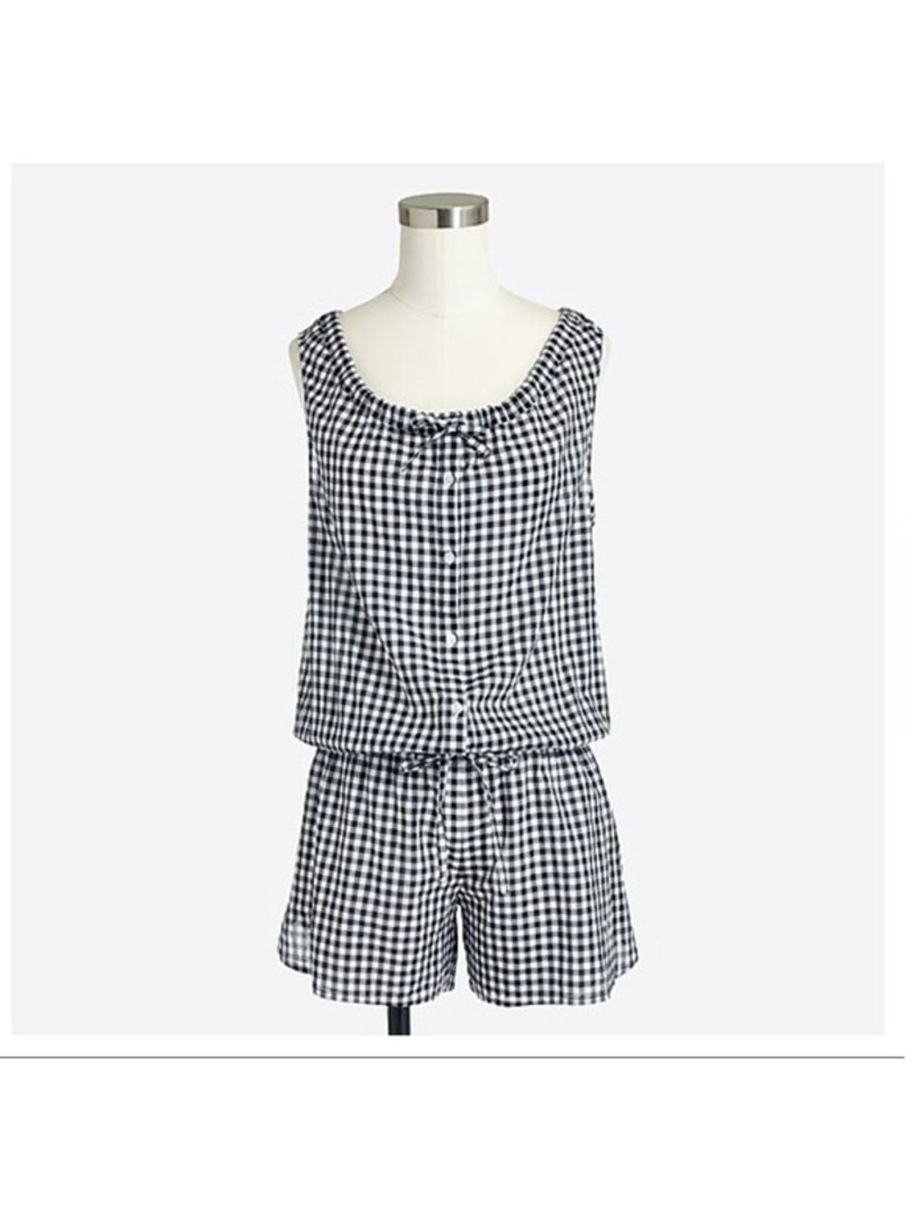 J Crew Women’s Gingham Print Sleeveless Romper Tie Waist Black White SZ XXL